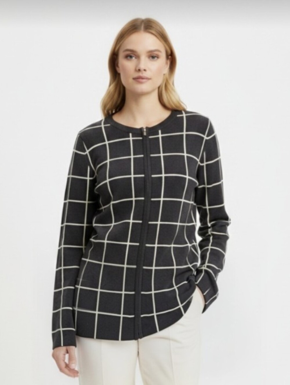 JONES NEW YORK SIGNATURE! BLACK & WHITE BLOCK PLAID CARDI ZIPPER SWEATER! SZ L